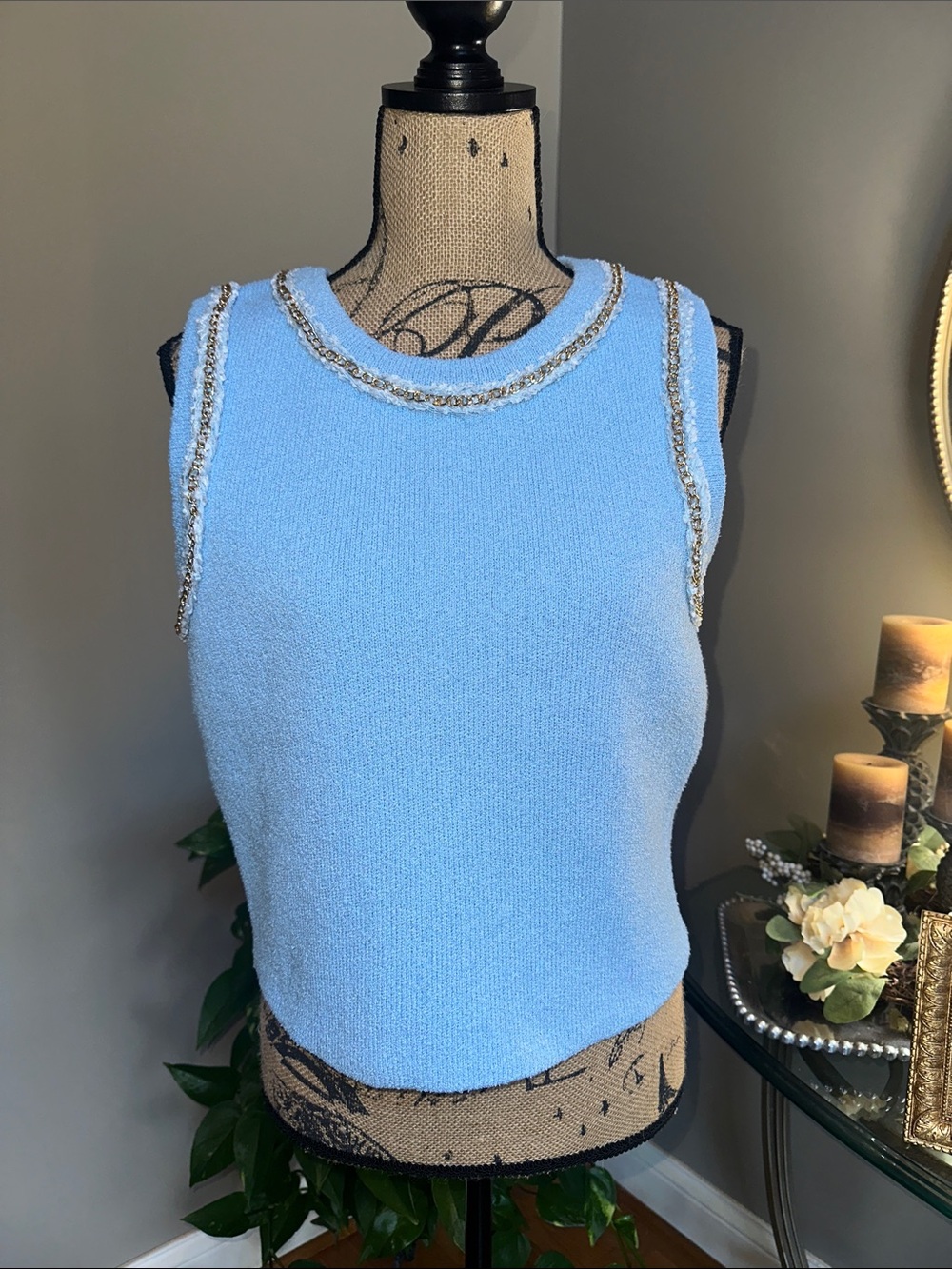 Endless Rose Light Blue Knit Tank with Gold Chain Trim size Medium